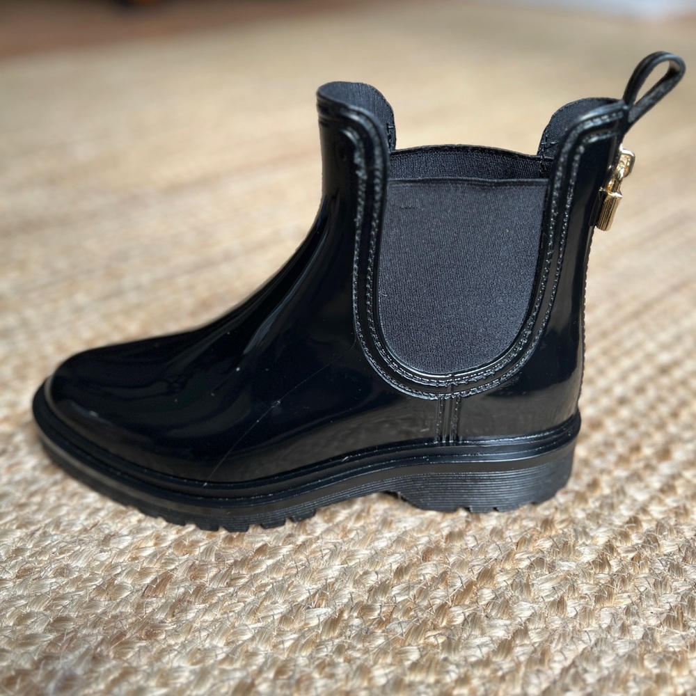 Black Rainboots with Golden Accents Ankle Boots